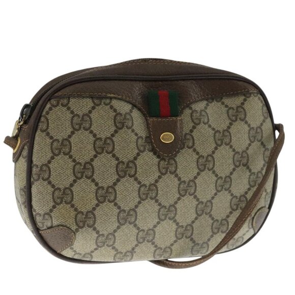 GUCCI Web Sherry Line GG Supreme Shoulder Bag PVC Beige